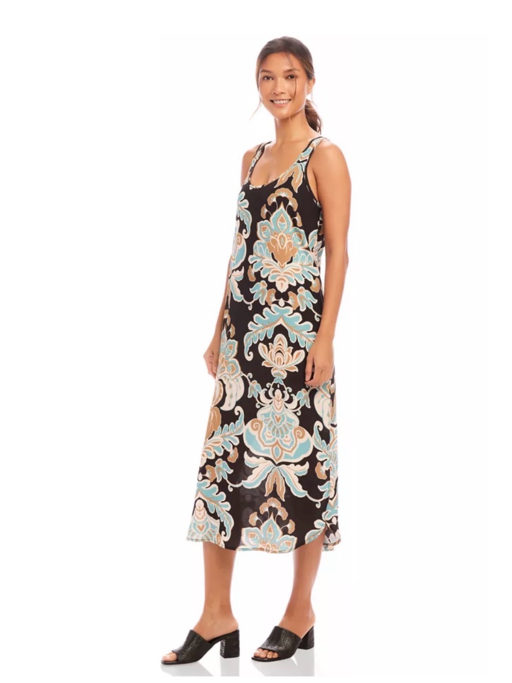 Karen Kane floral sleeveless midi tank dress featuring a scoop necklin